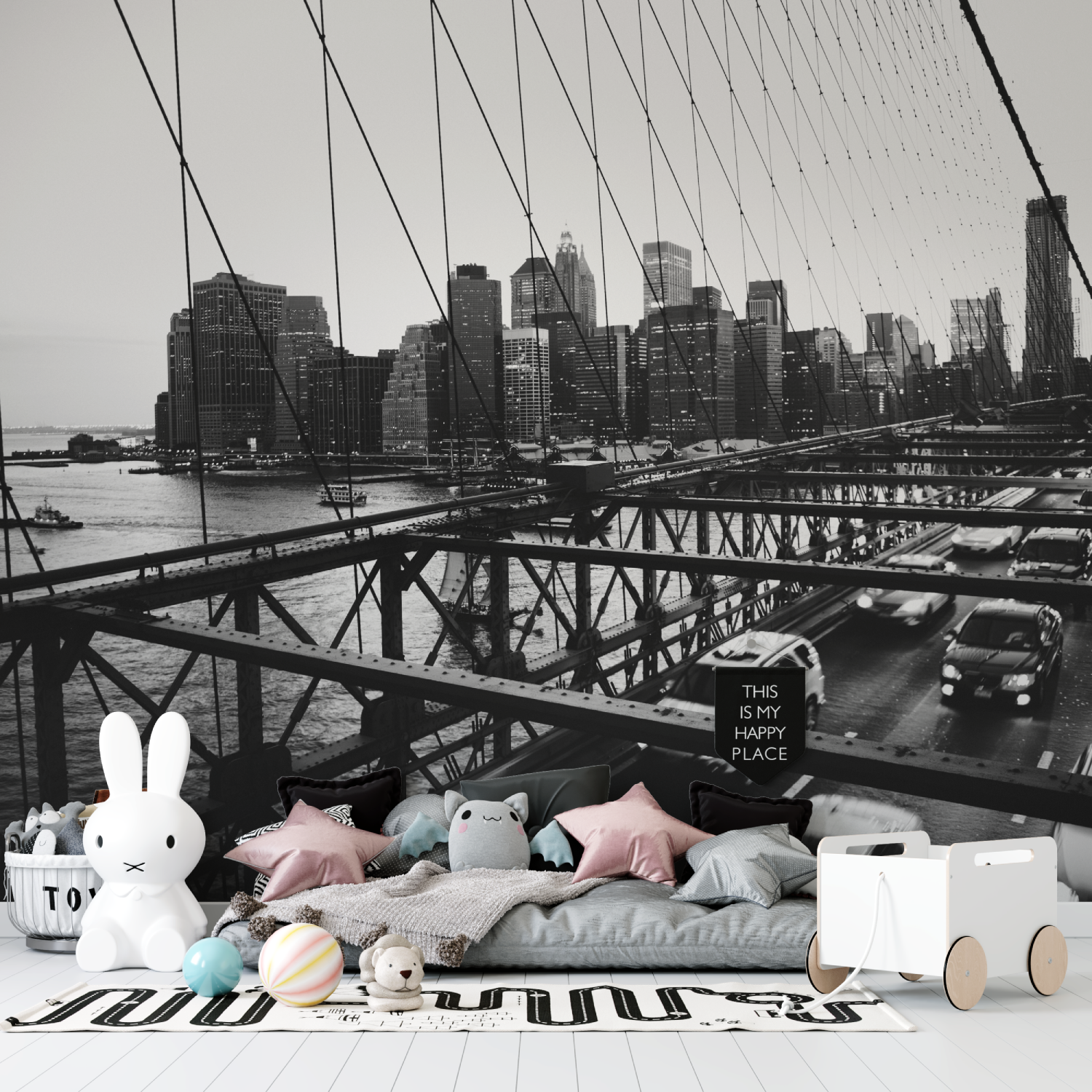Black and White Wallpaper Brooklyn Bridge Cars | Murals Wallpaper