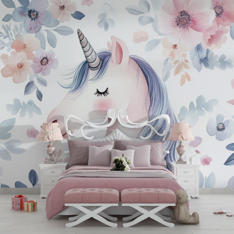 Unicorn Girl Wallpaper Floral Border | Murals Wallpaper