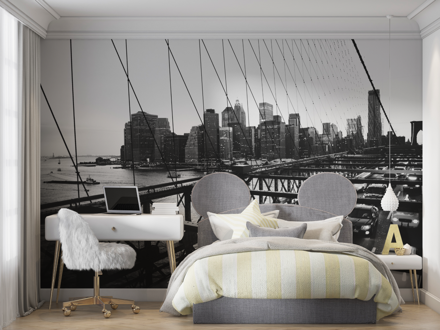 Schwarz-Weiß-Tapete mit Autos auf der Brooklyn Bridge | Wandbilder