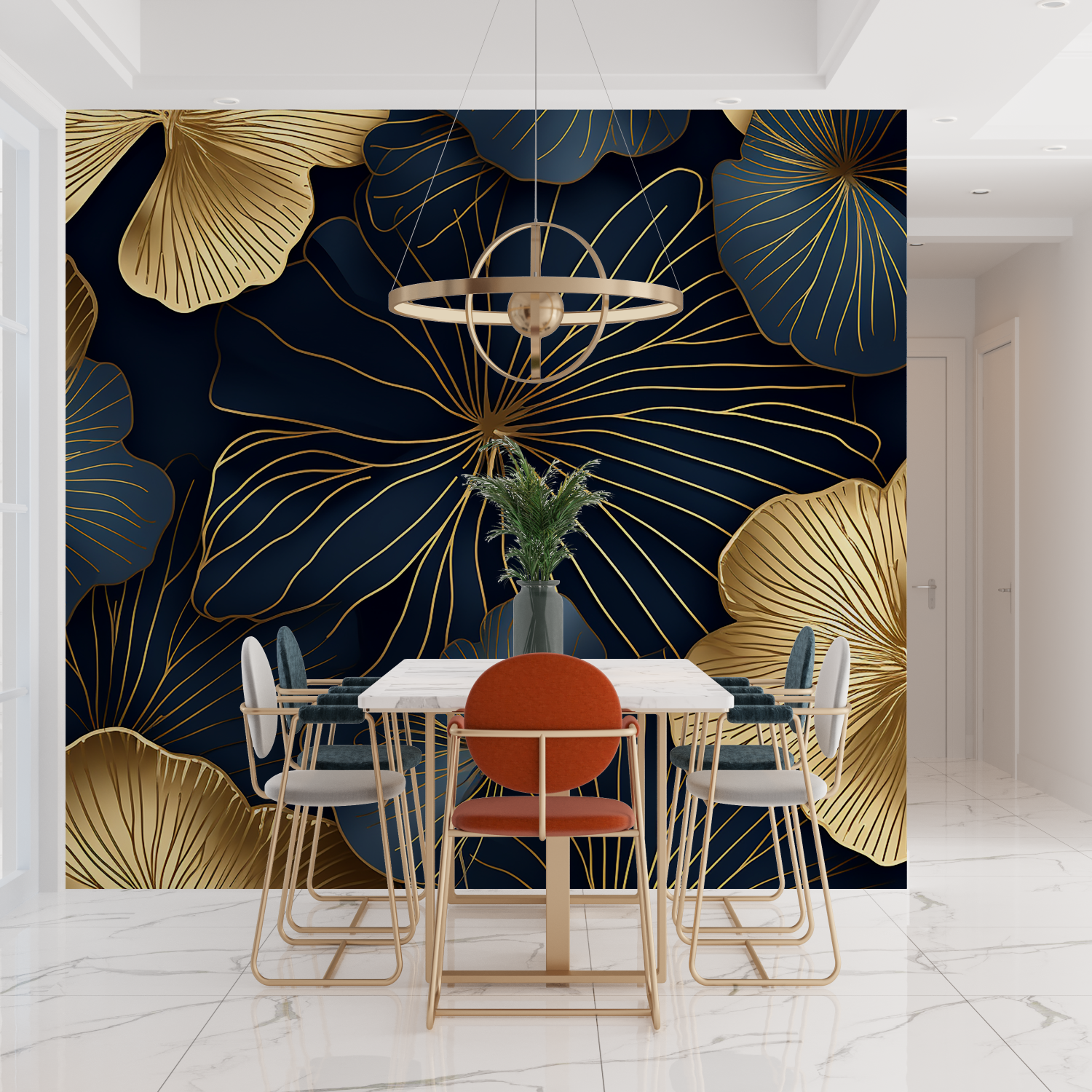 Art Deco Blue Wallpaper with Large Gold Flowers | Murals Wallpaper