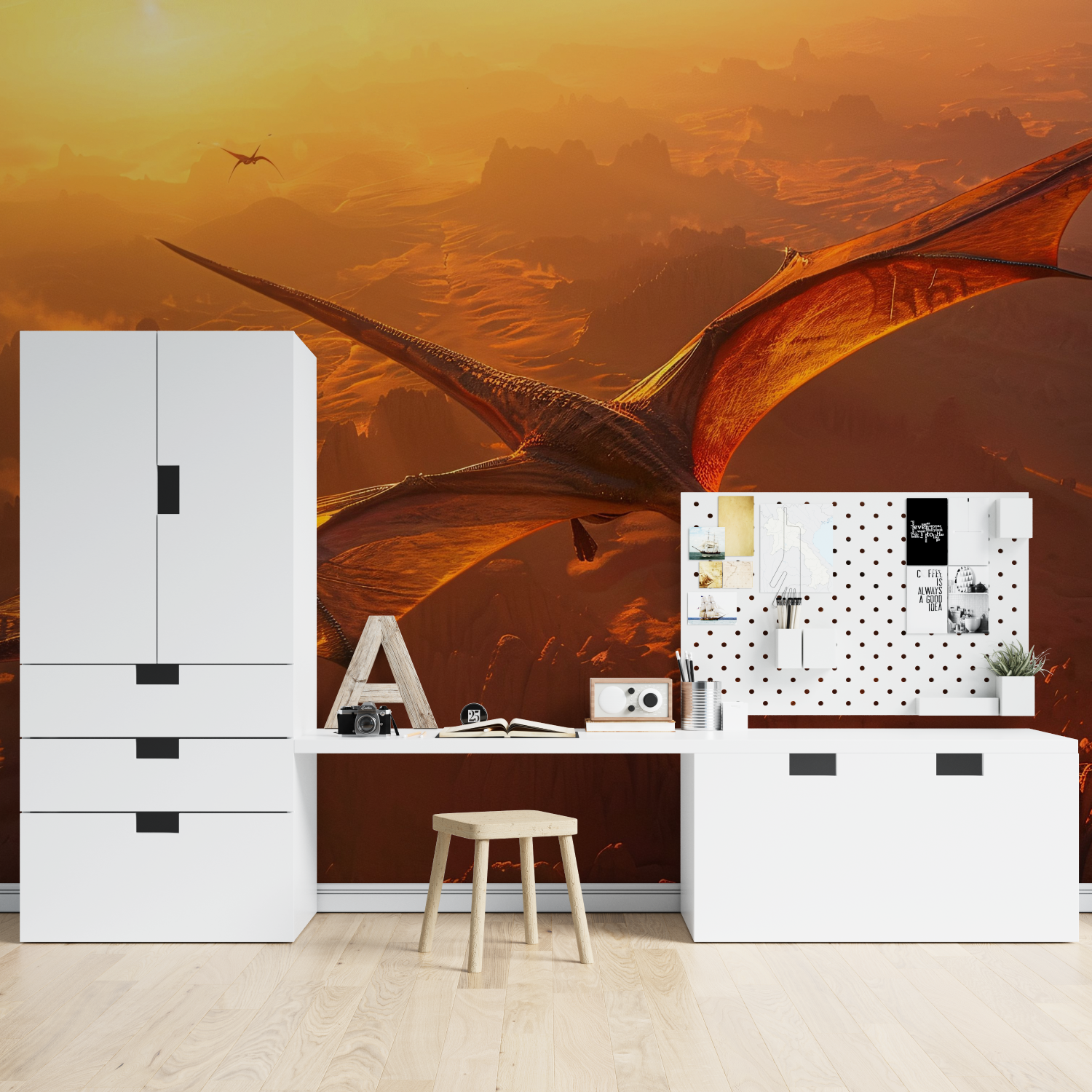 Dinosaurier-Sonnenuntergangshimmel-Tapete | Wandbild-Tapete