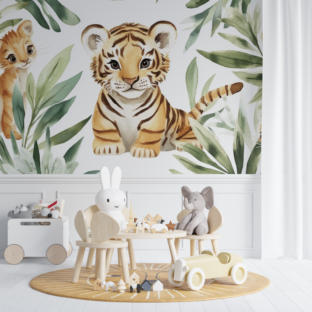 Papier peint tigre et amis de la jungle chambre de bebe