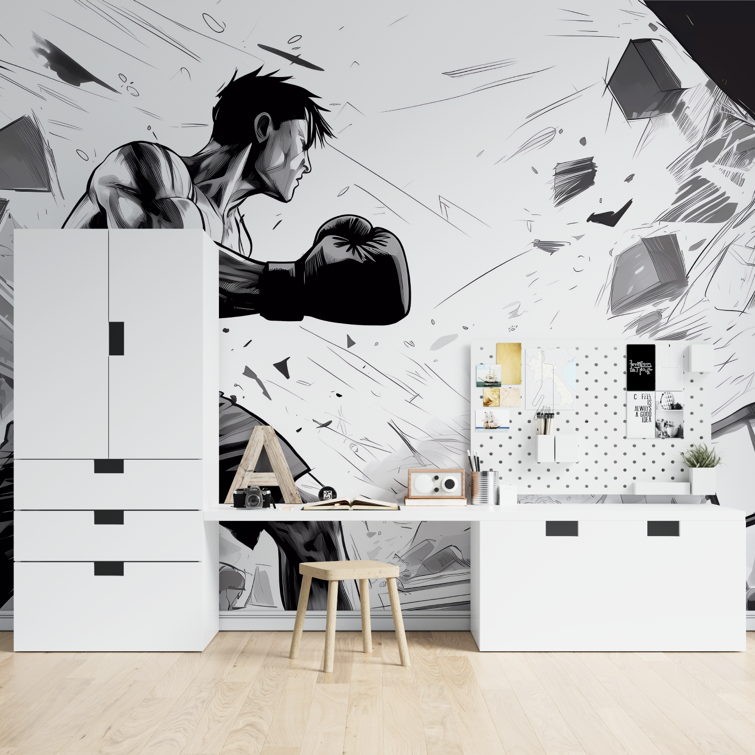 Black and White Anime Boxing Wallpaper | Murals Wallpaper