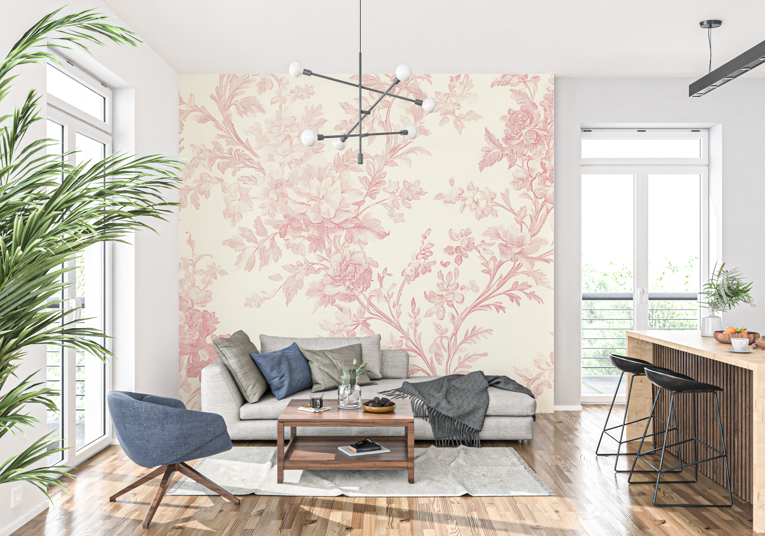 Toile de Jouy Red Floral Wallpaper | Murals Wallpaper
