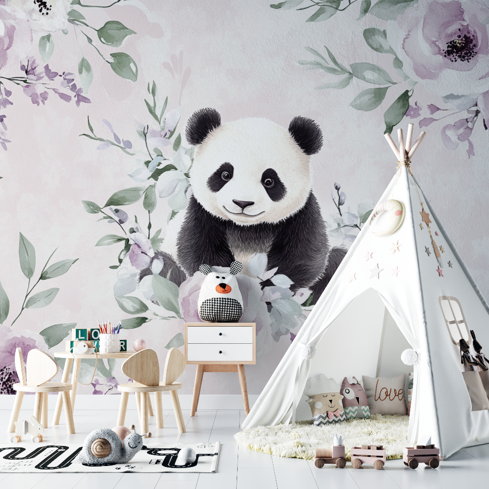 Panda and Delicate Flowers Wallpaper | Murals Wallpaper