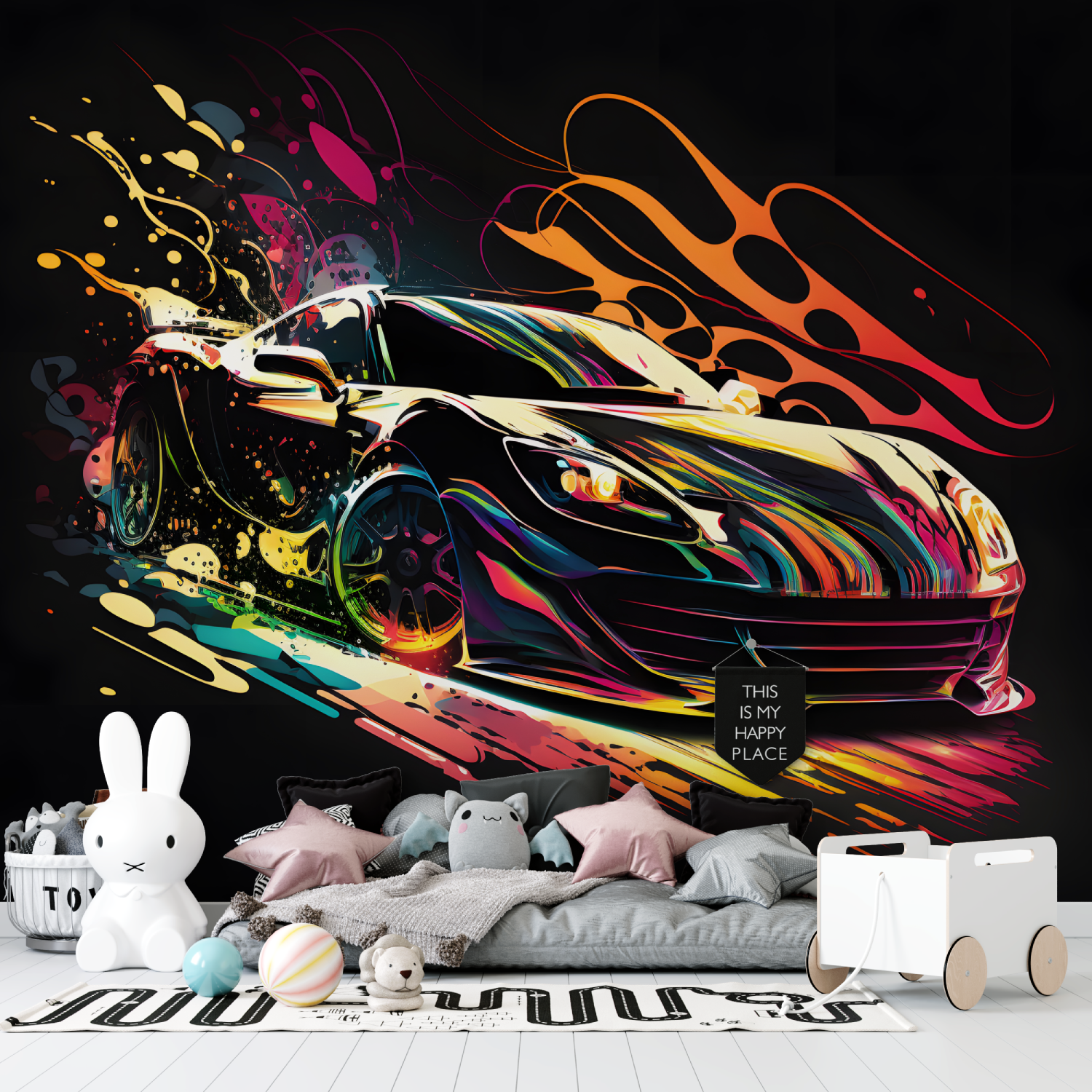 Schwarzes Auto und Graffiti Tapete | Wandbilder Tapete