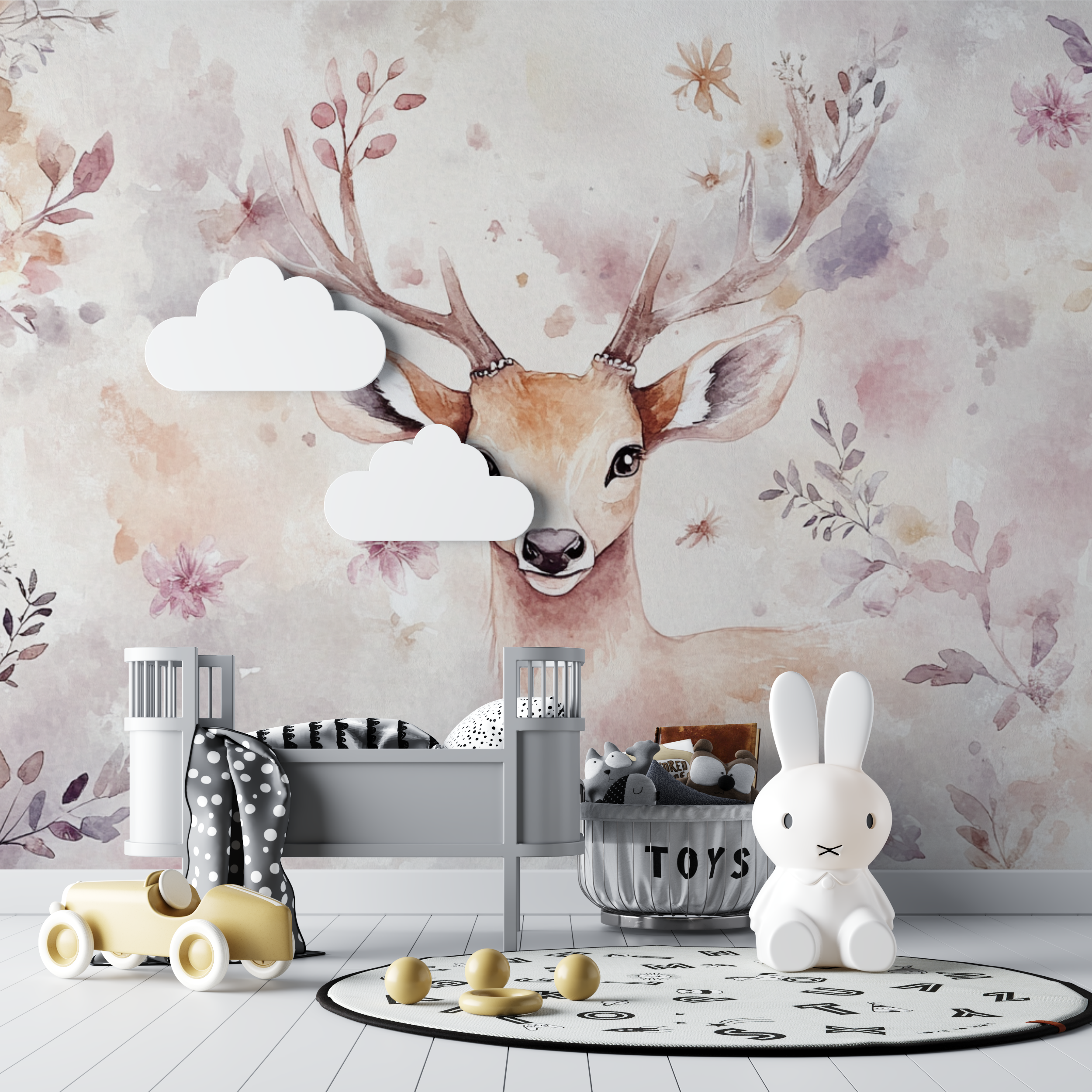 Mural Animal Wallpaper Deer Wreath Small Flowers
