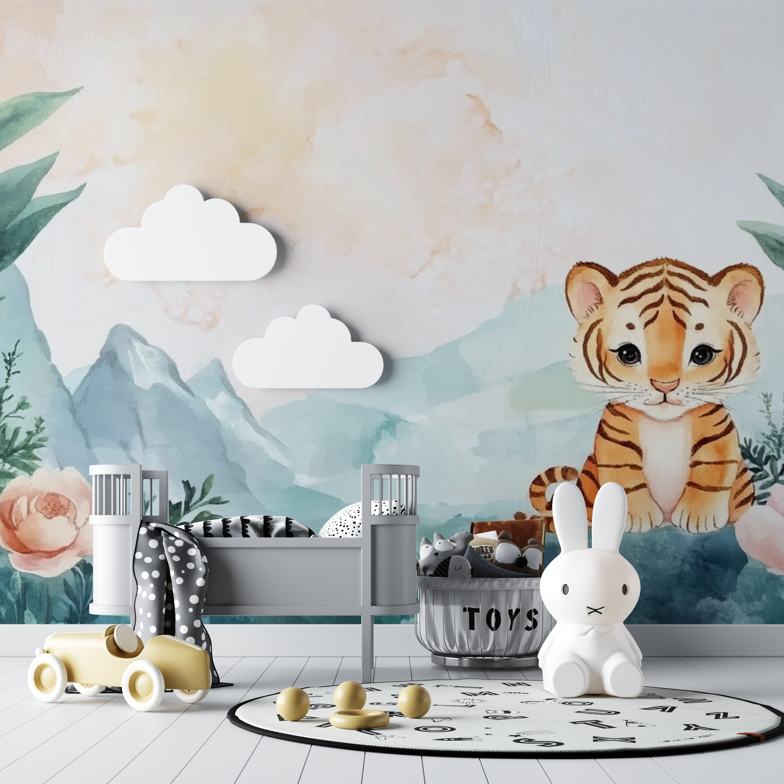 Tiger- und sanfte Landschaftstapete | Wandbildtapete