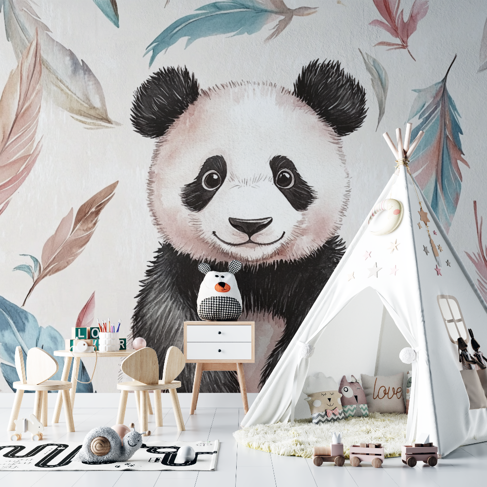 Bohemian Panda and Feather Wallpaper | Murals Wallpaper