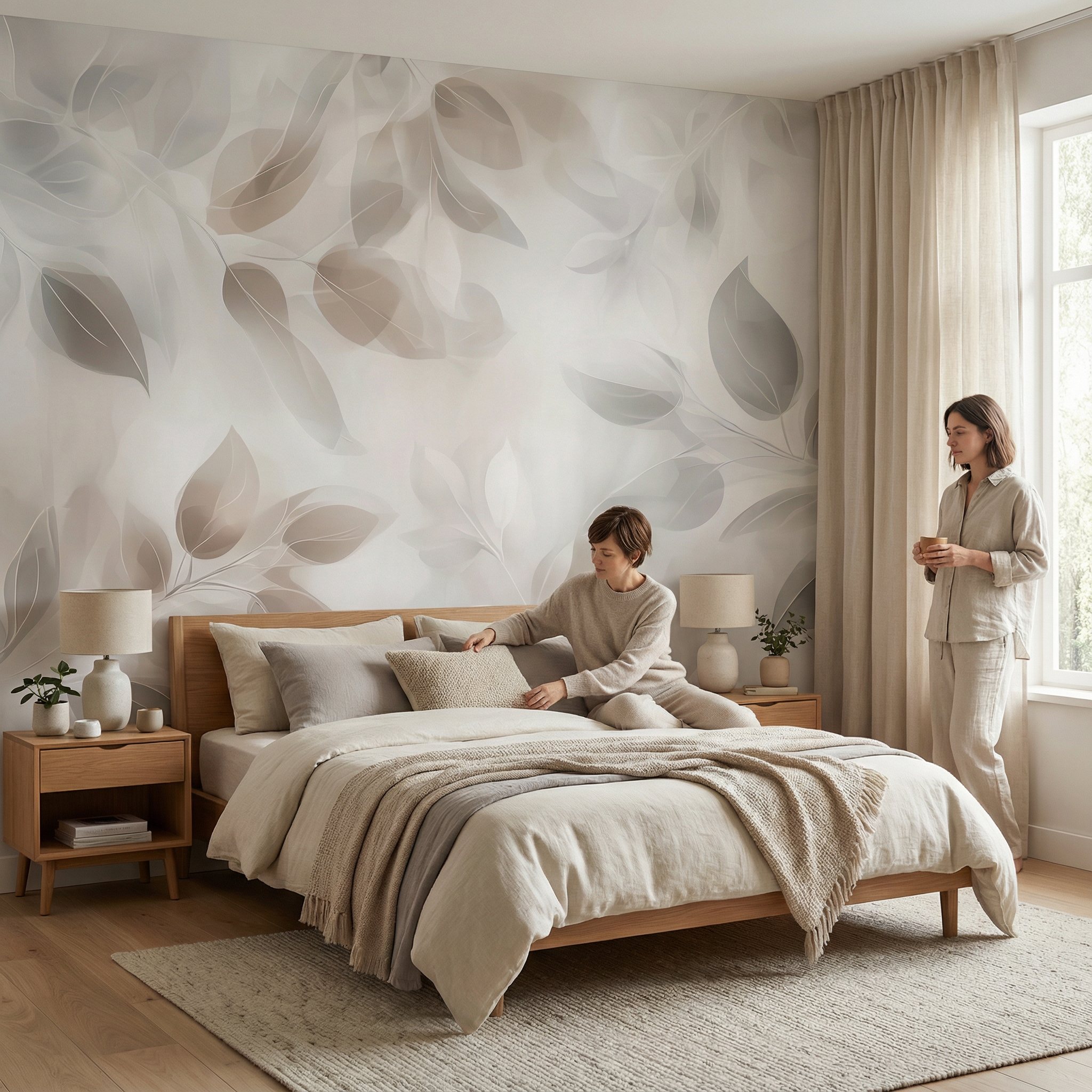 Neutral Serenity Leaves Mural Wallpaper