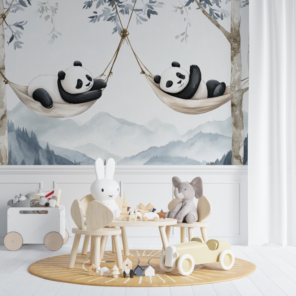 Blaues Panda-Wandbild mit Hängematte | Murals Wallpaper