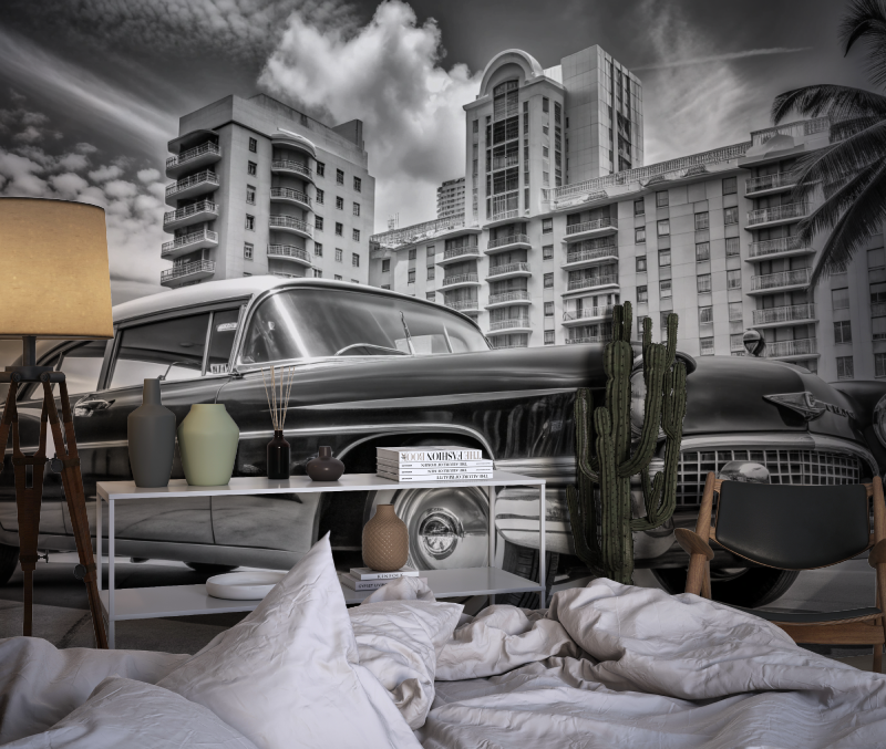 Black and White Vintage Miami Car Wallpaper | Murals Wallpaper