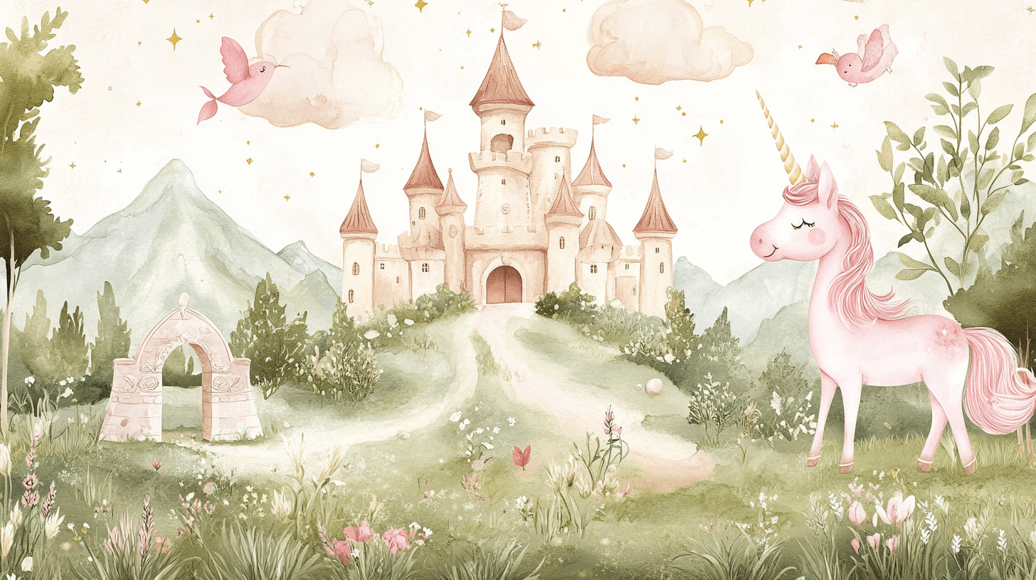Unicorn Room Wallpaper with Castle and Rainbow Decor | Murals Wallpaper