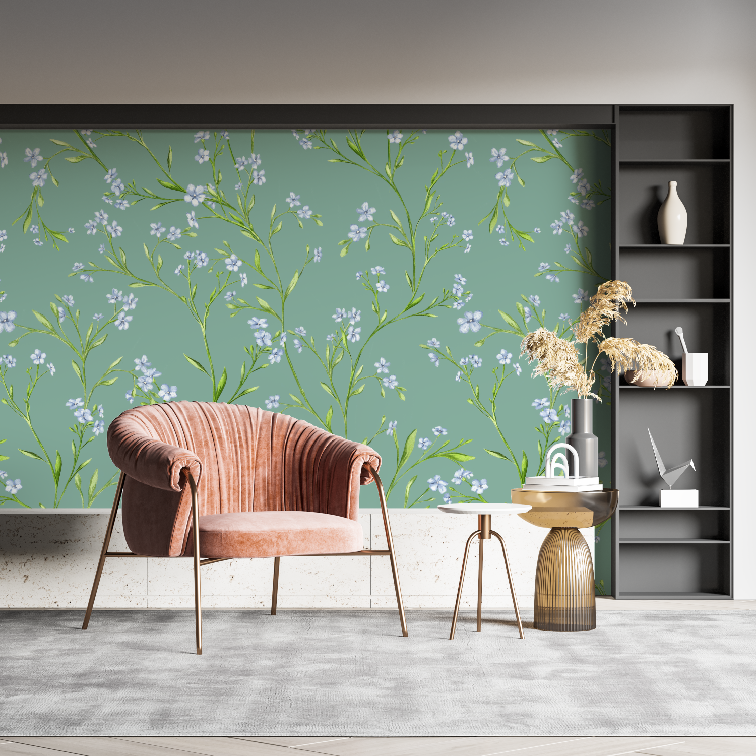 Türkisfarbene Blumentapete | Wandtapete