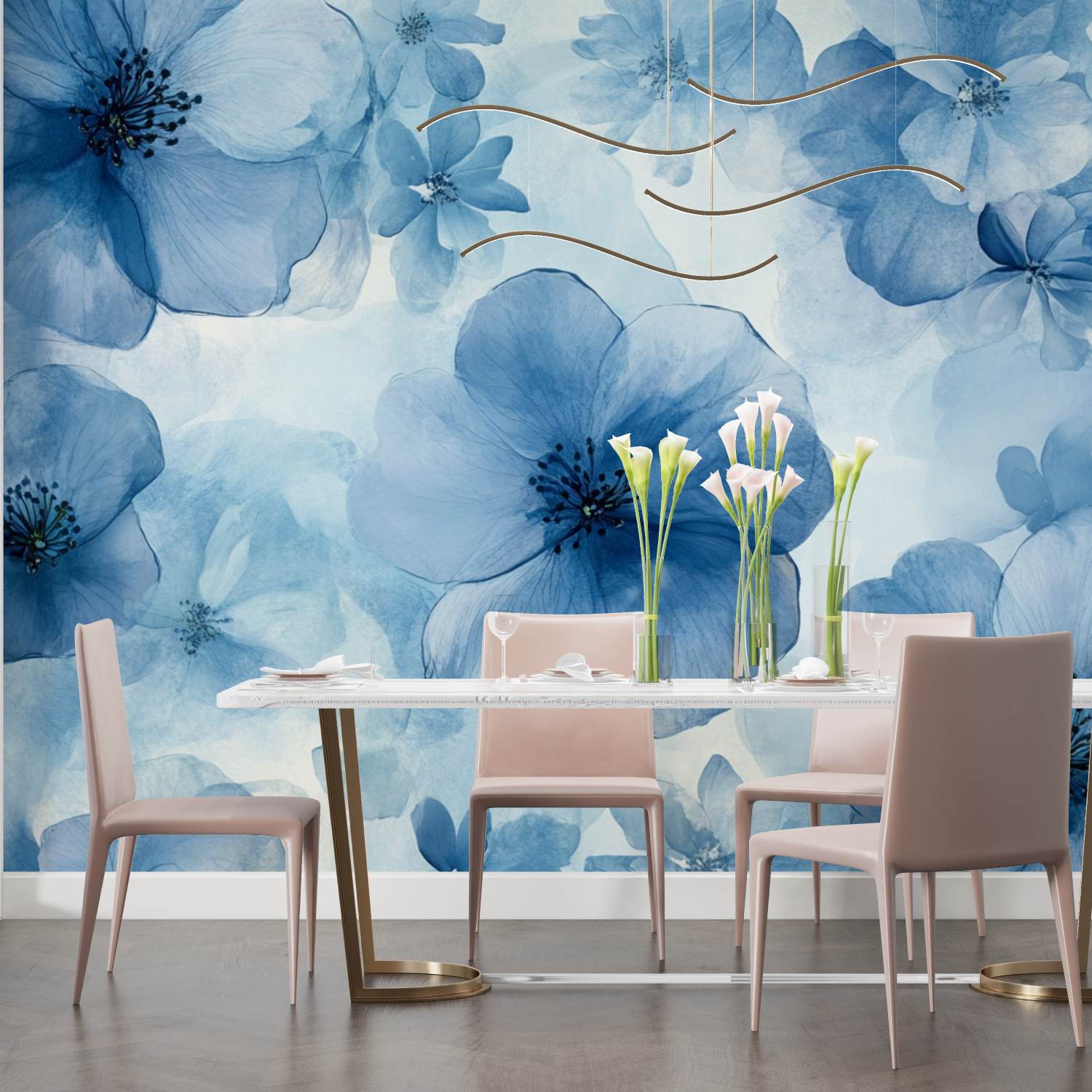 Papel de parede de aguarela floral azul translúcido | Murais Papel de parede