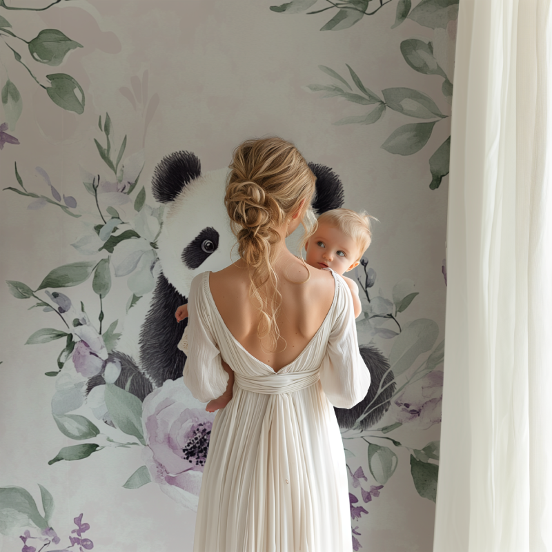 Panda and Delicate Flowers Wallpaper | Murals Wallpaper