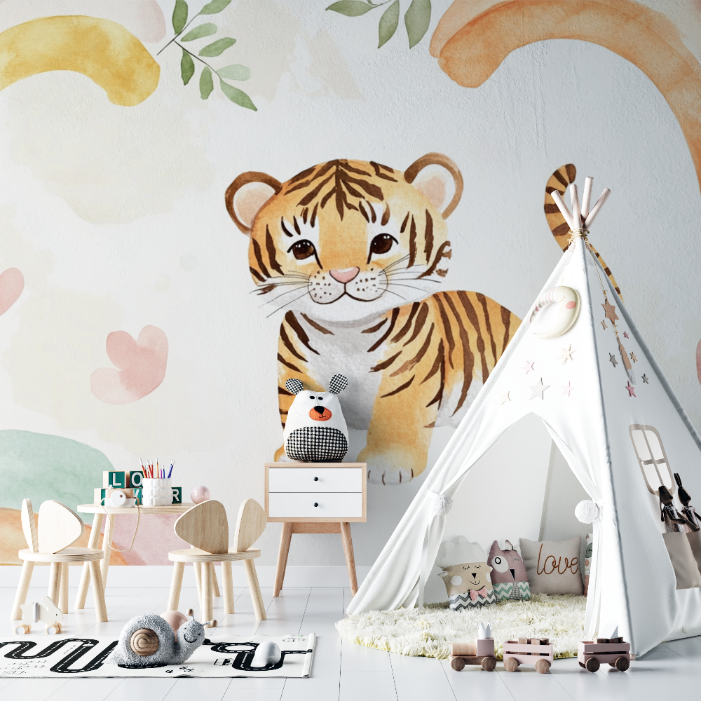 Pastellfarbene Tiger- und Regenbogentapete | Wandbildtapete