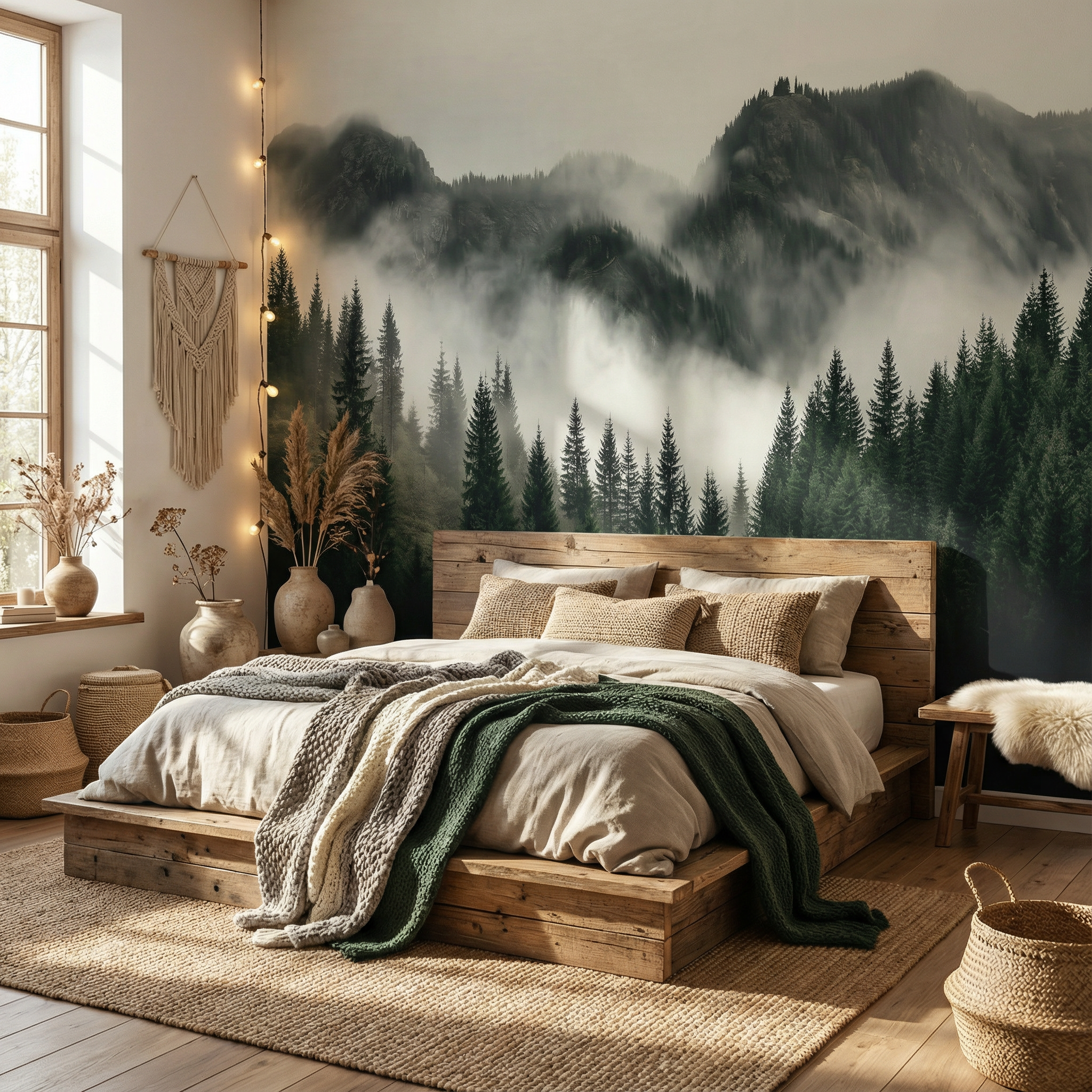 Dark Mountain Fog Forest Mural Wallpaper