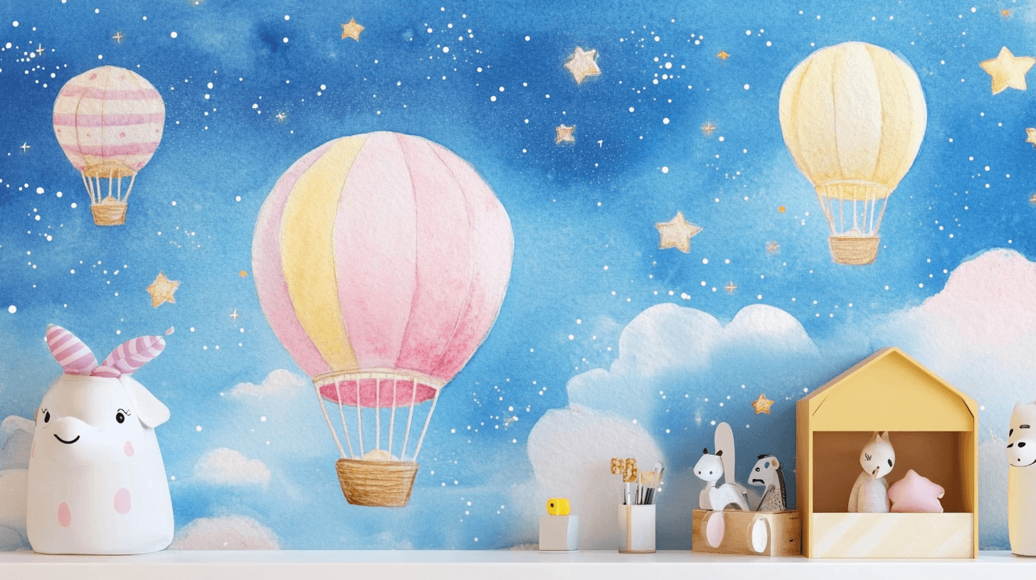 Hot Air Balloon and Twinkling Stars Wallpaper | Murals Wallpaper