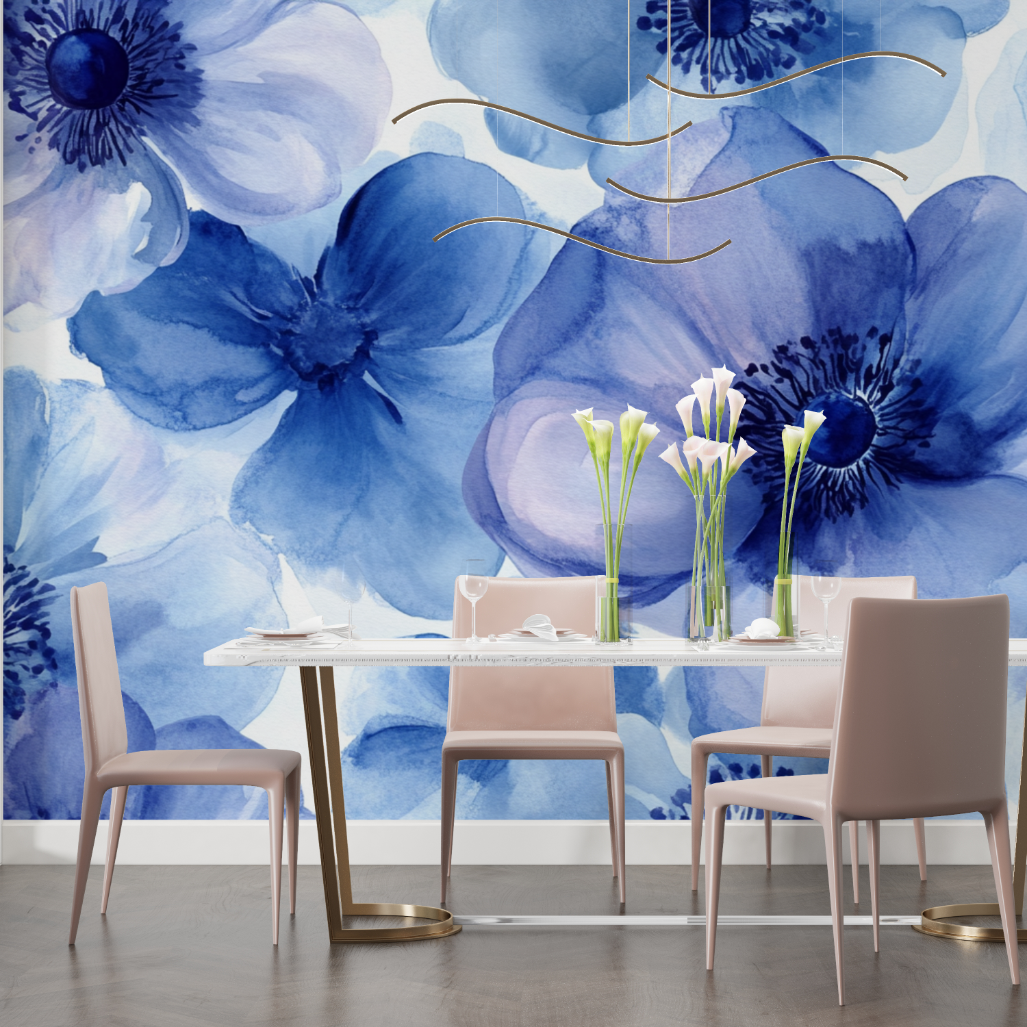 Papier peint aquarelle fleurs bleues majestueuses salon