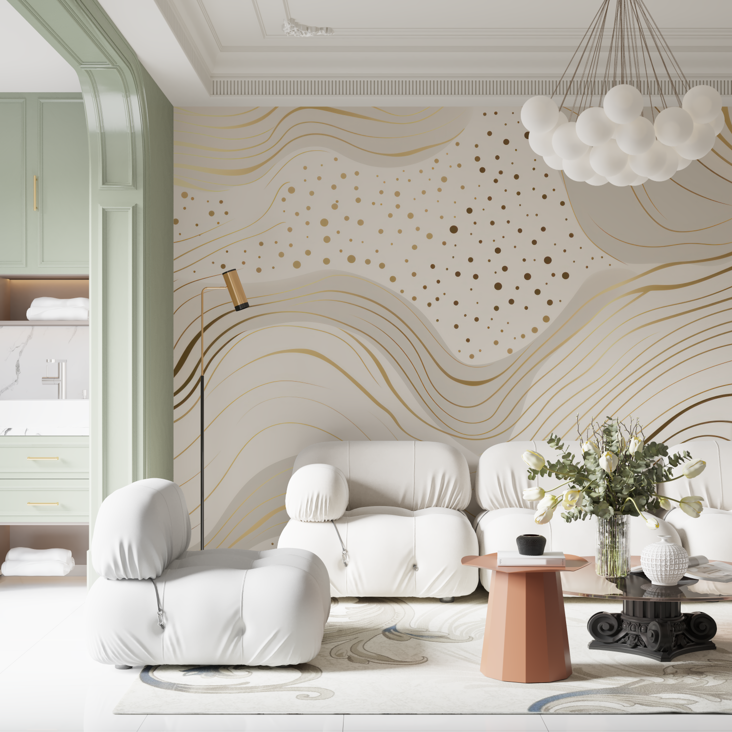 Graphic White and Gold Wallpaper | Murals Wallpaper