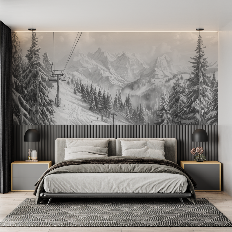 Mural Mountain Cable Car Black & White Wallpaper