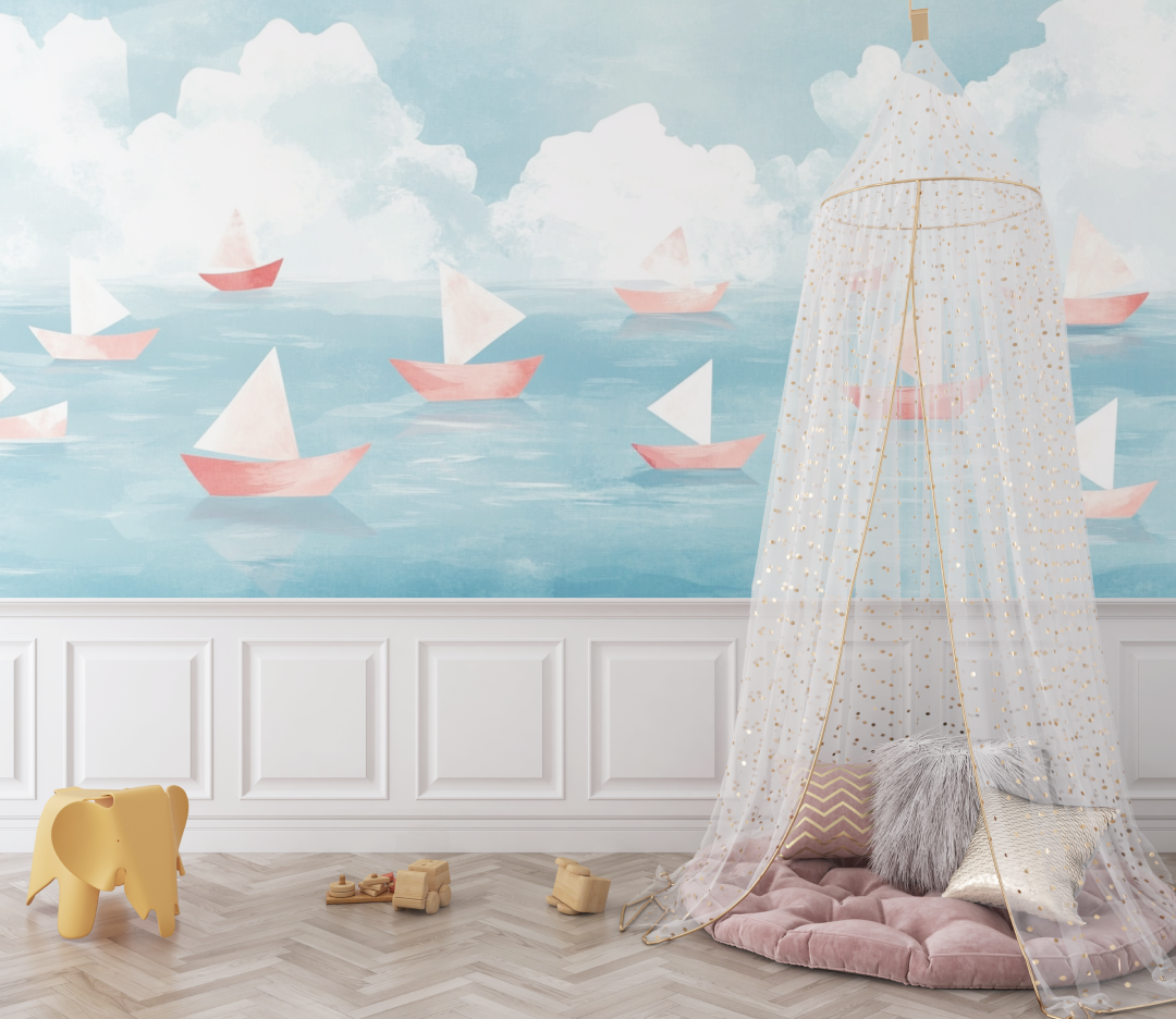 Marine Wallpaper with Soft Paper Boats and Ocean | Murals Wallpaper