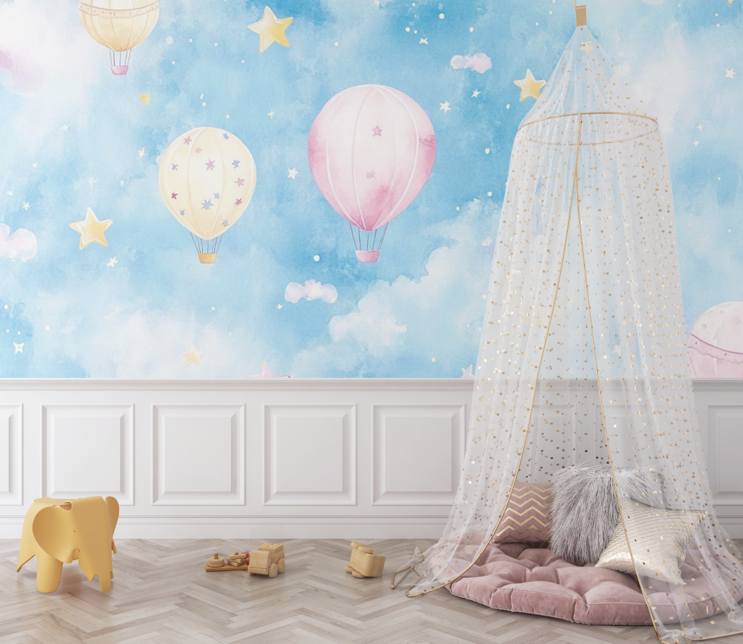 Bunte Heißluftballon und Sterne Tapete | Wandbilder Tapete