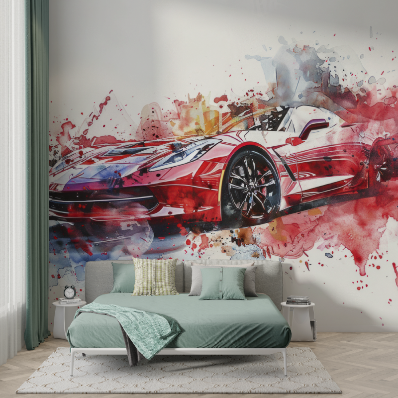Red Sports Car Watercolor Wallpaper | Murals Wallpaper