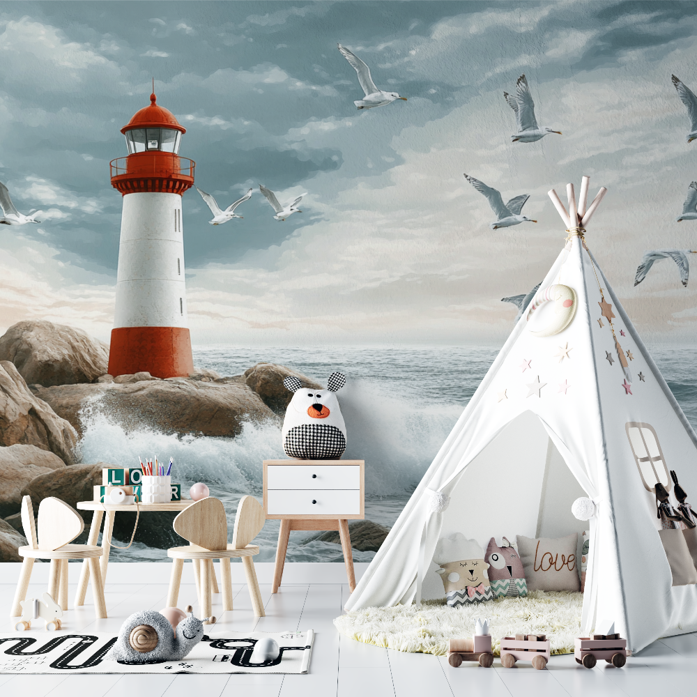 Leuchtturm- und Möwen-Tapete | Wandbildtapete