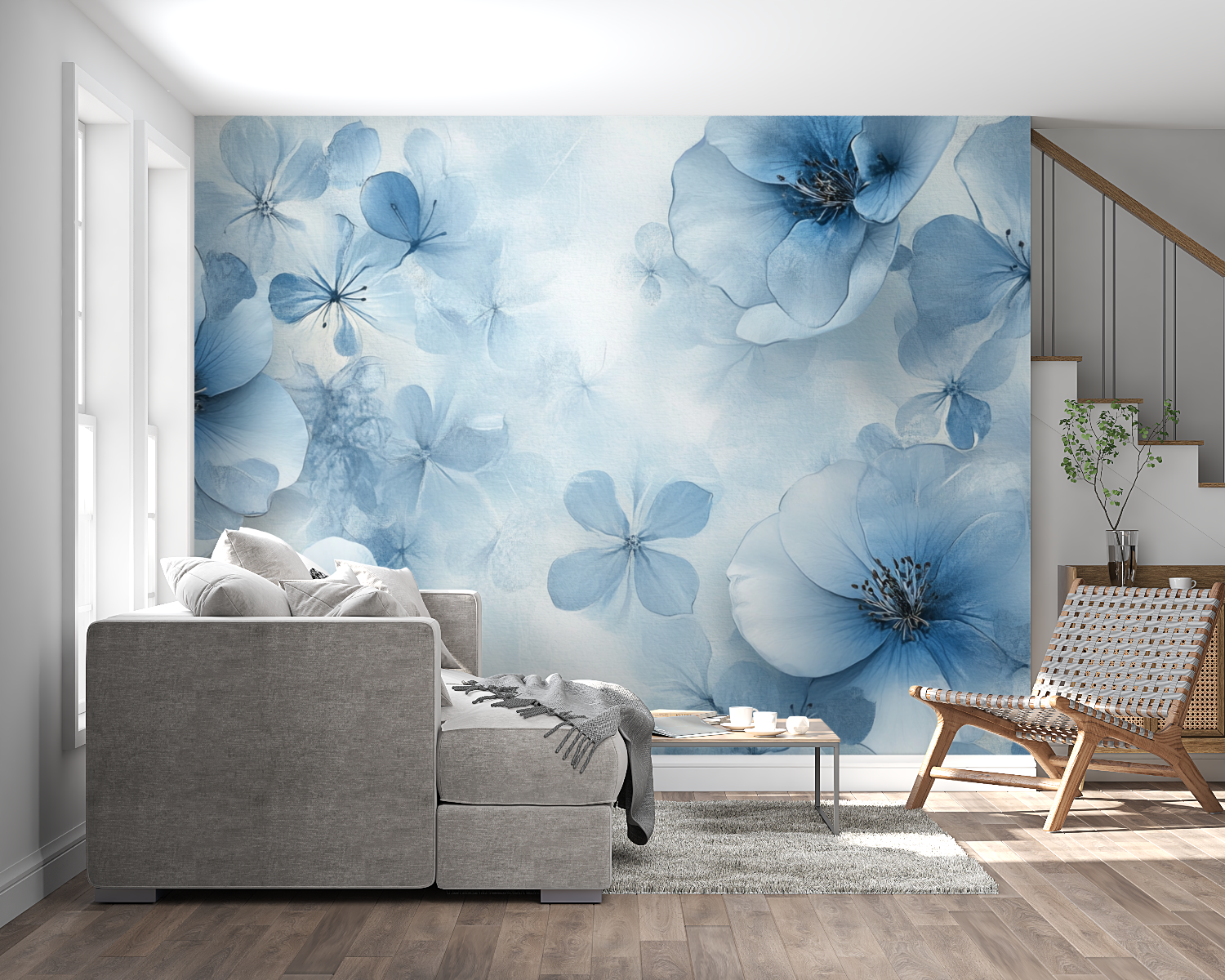 Papel Pintado Acuarela Flotando Flores Azules | Murales de Papel Pintado