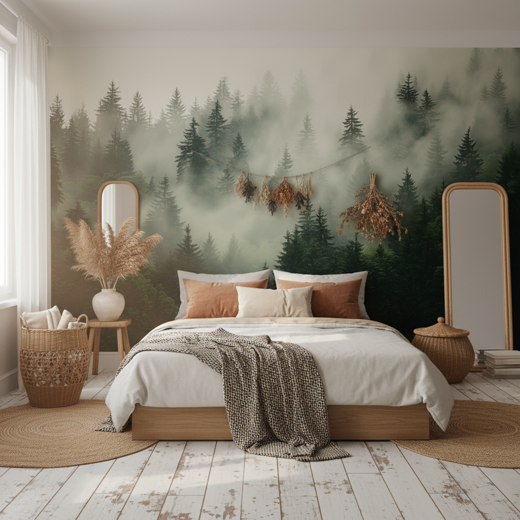 Misty Pine Forest Nature Mural Wallpaper