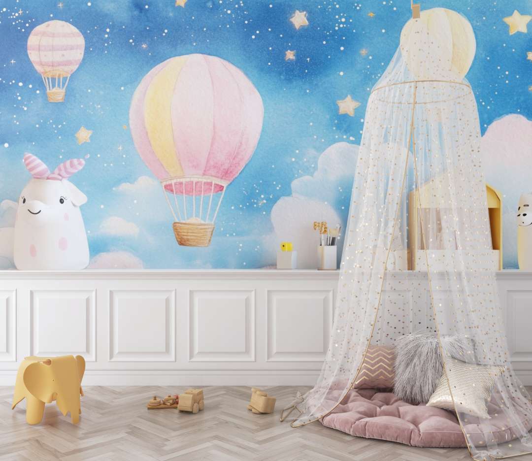 Heißluftballon und funkelnde Sterne Tapete | Wandbilder Tapete