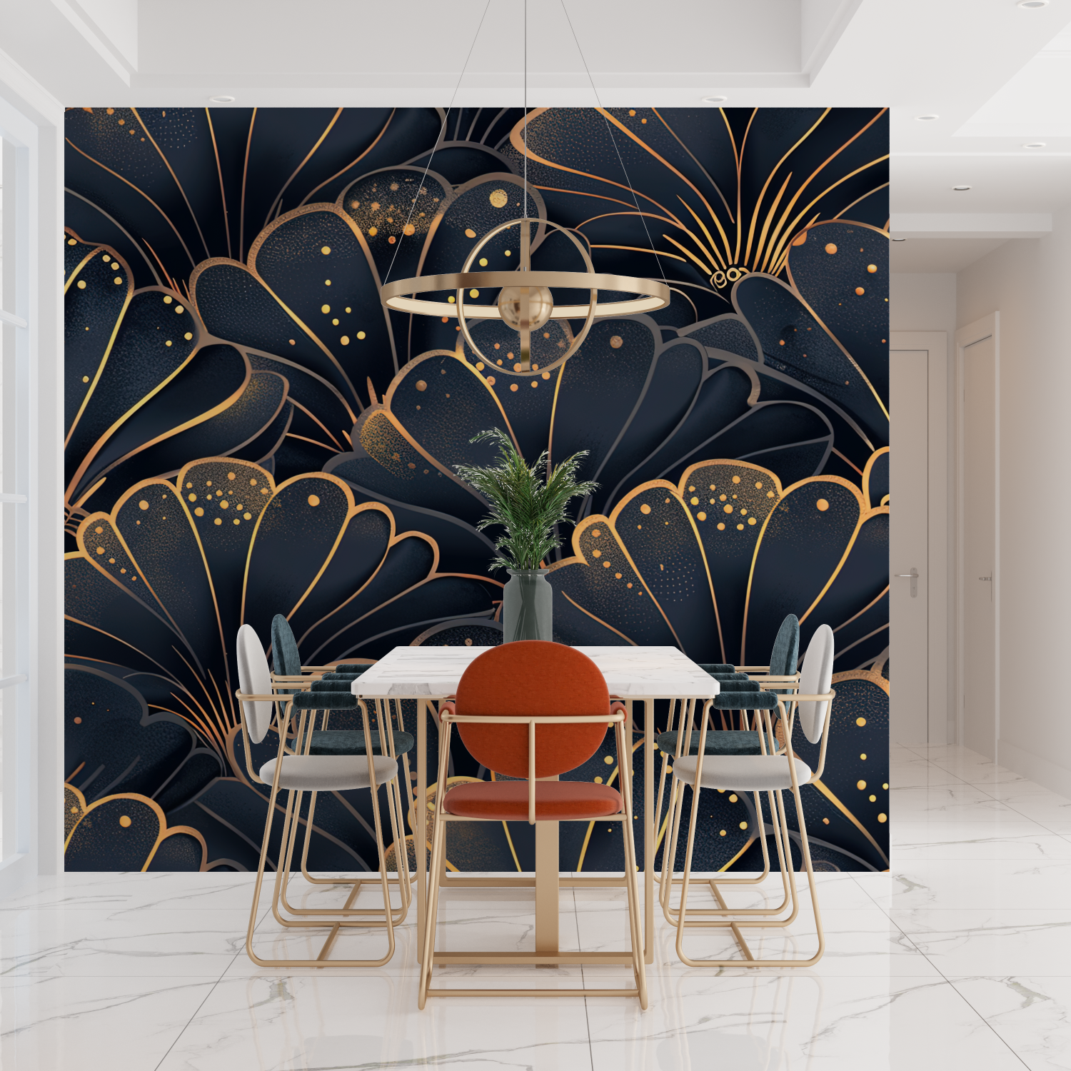 Art Deco Shells Blue and Gold Wallpaper | Murals Wallpaper