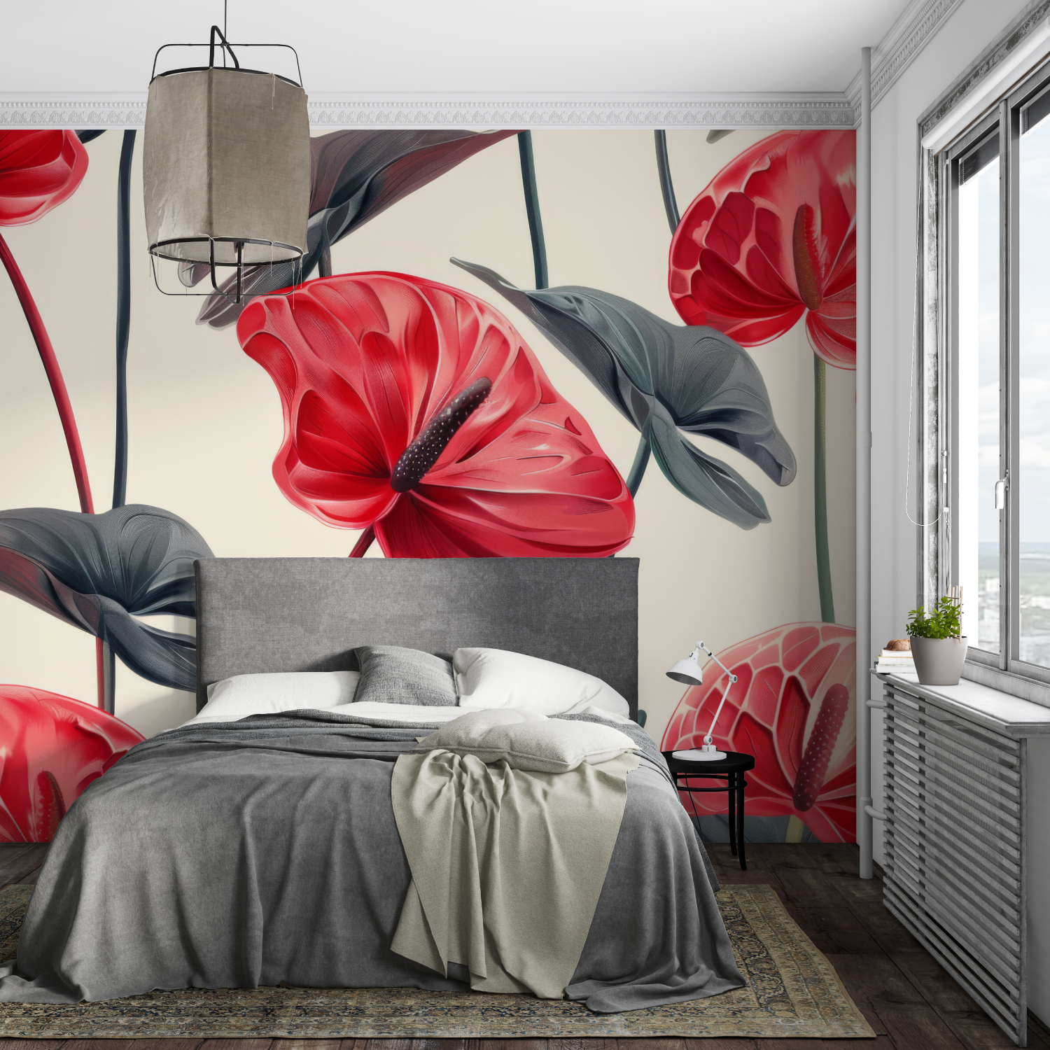 Gray Red Floral Wallpaper | Murals Wallpaper