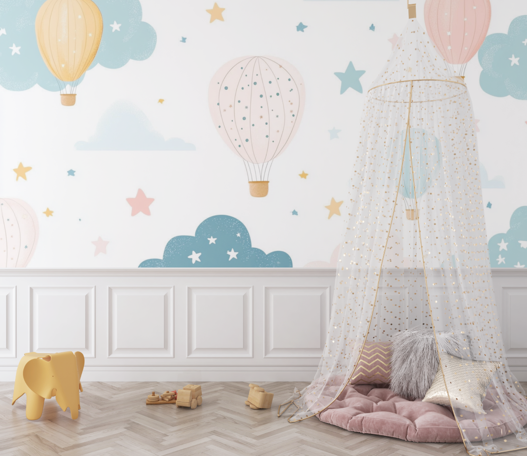 Hot Air Balloon and Gold Stars Wallpaper | Murals Wallpaper