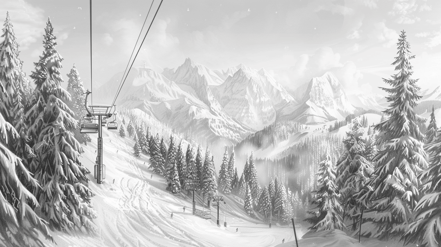 Mural Mountain Cable Car Black & White Wallpaper