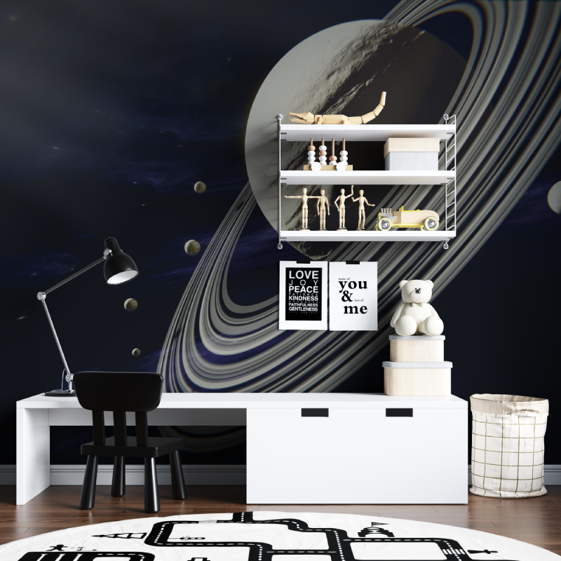 Weltraumtapete mit Mond und Saturn | Wandtapete