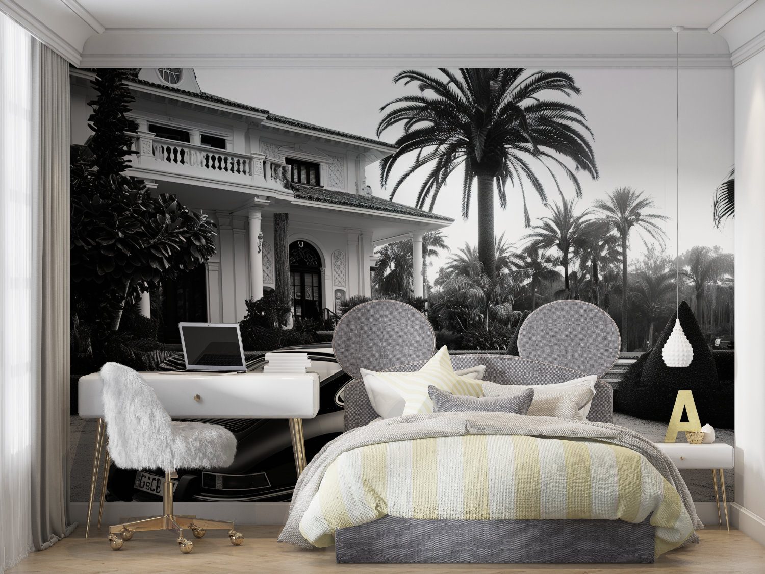 Schwarz-Weiß-Tapete mit schwarzem Auto | Wandbilder