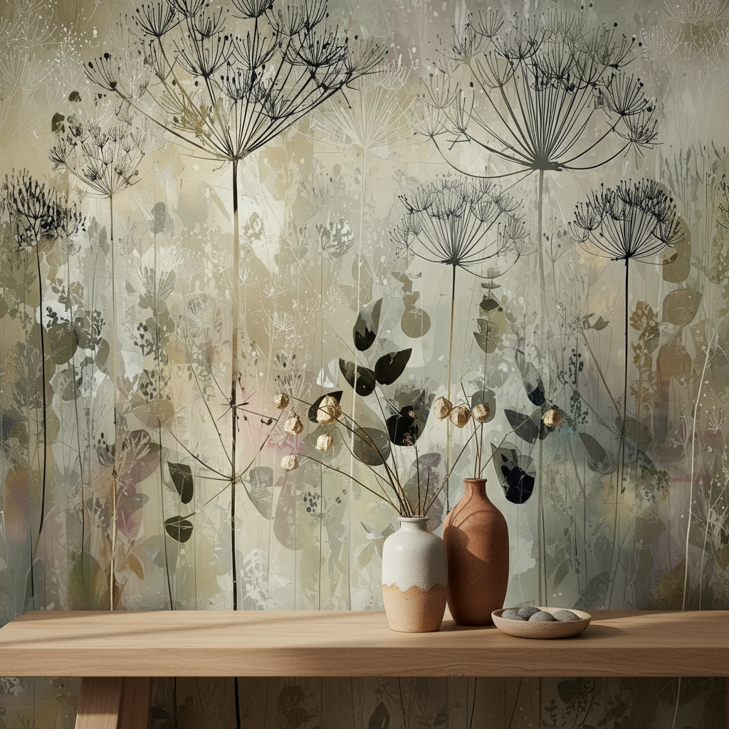 Delicate Botanical Meadow Illustration Mural Wallpaper