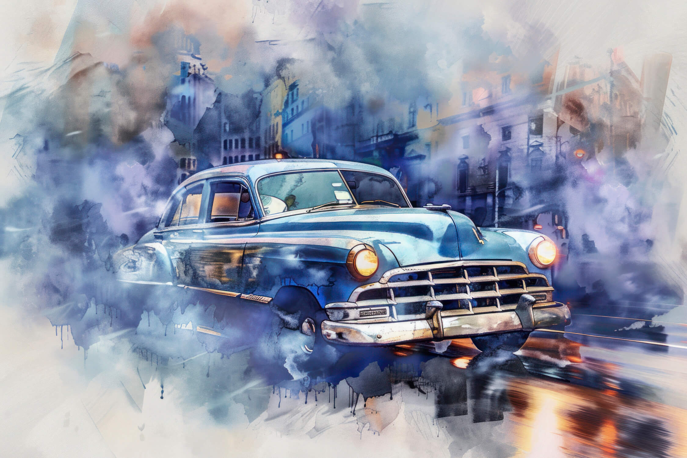 Cuban Car Blue Watercolor Wallpaper | Murals Wallpaper