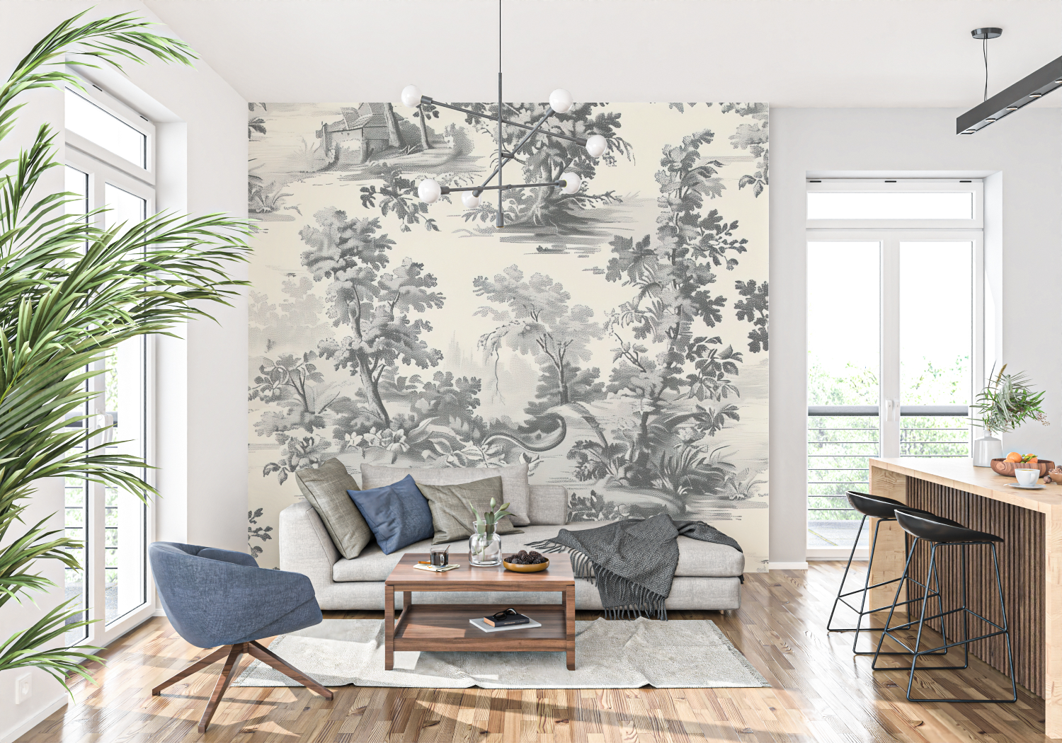 Light Grey Toile De Jouy Wallpaper | Murals Wallpaper