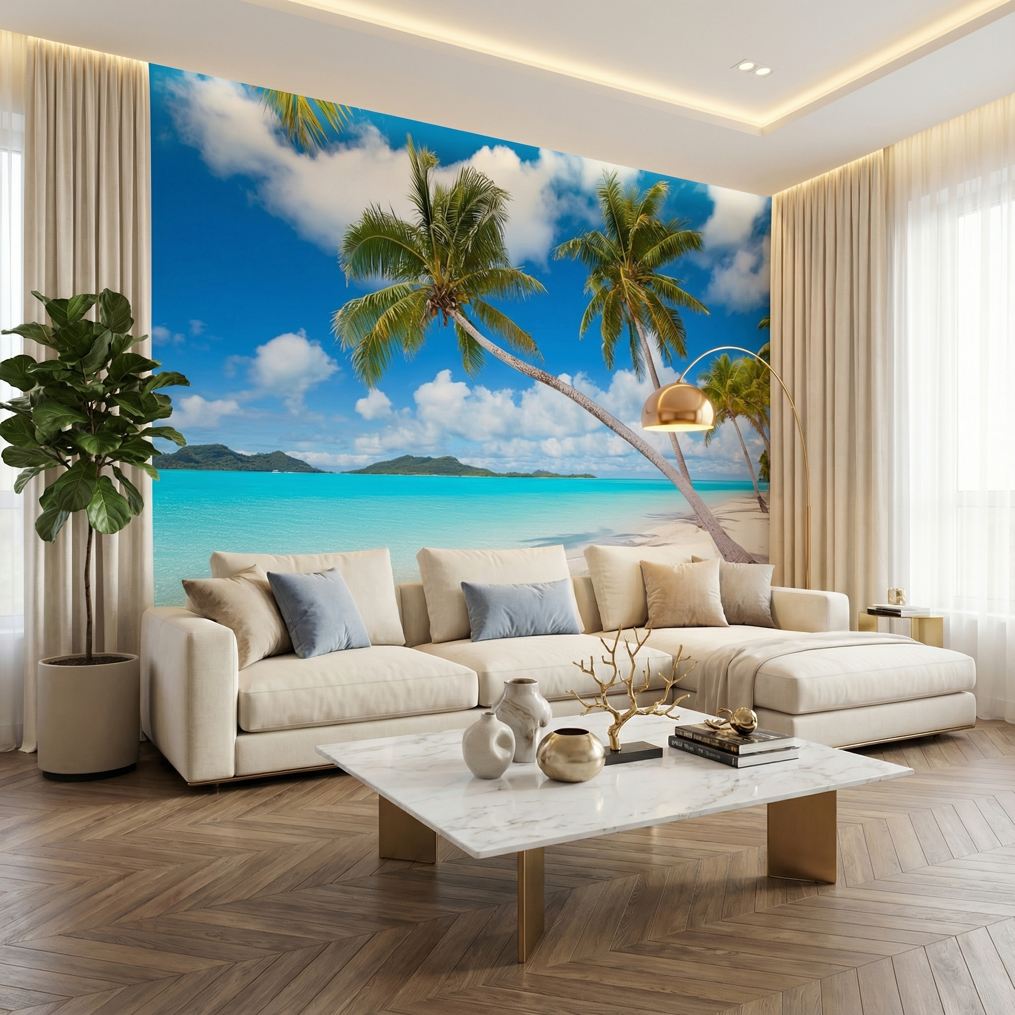 Lagunen-Palmen-Flucht-Wandtapete