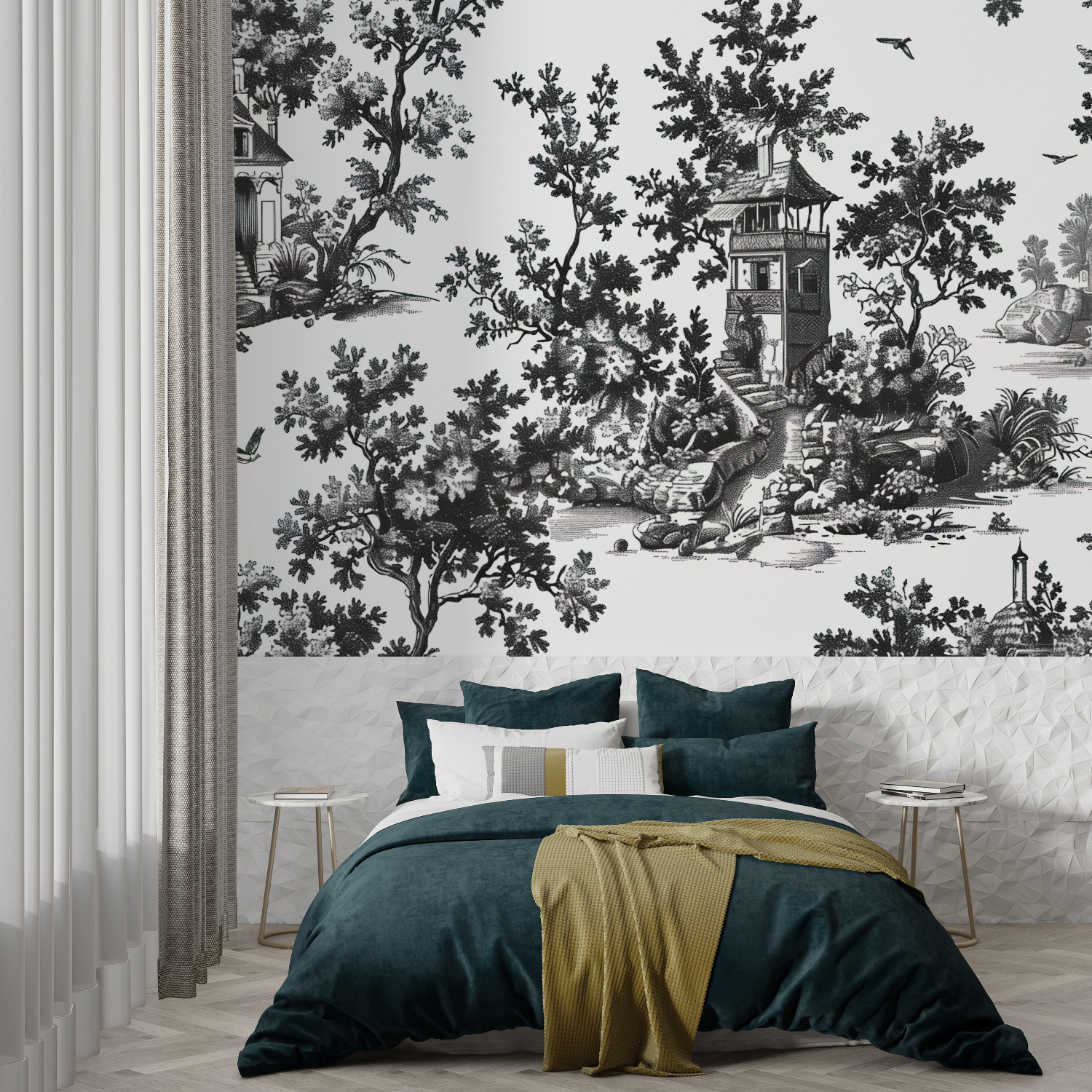 Toile-de-Jouy-Tapete in Schwarz-Weiß | Wandtapete