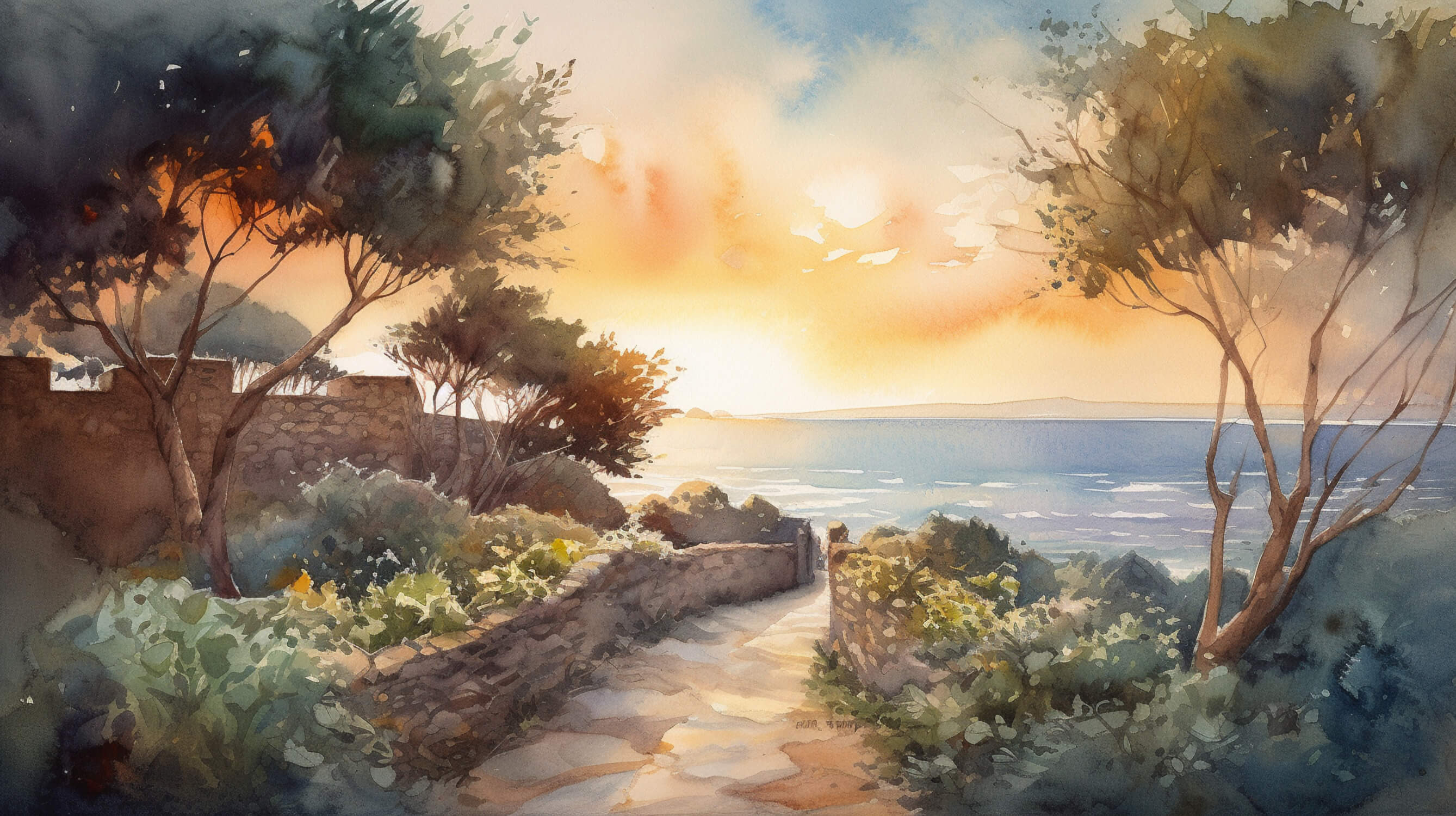 Mural Watercolor Wallpaper Mediterranean Landscape Sunset