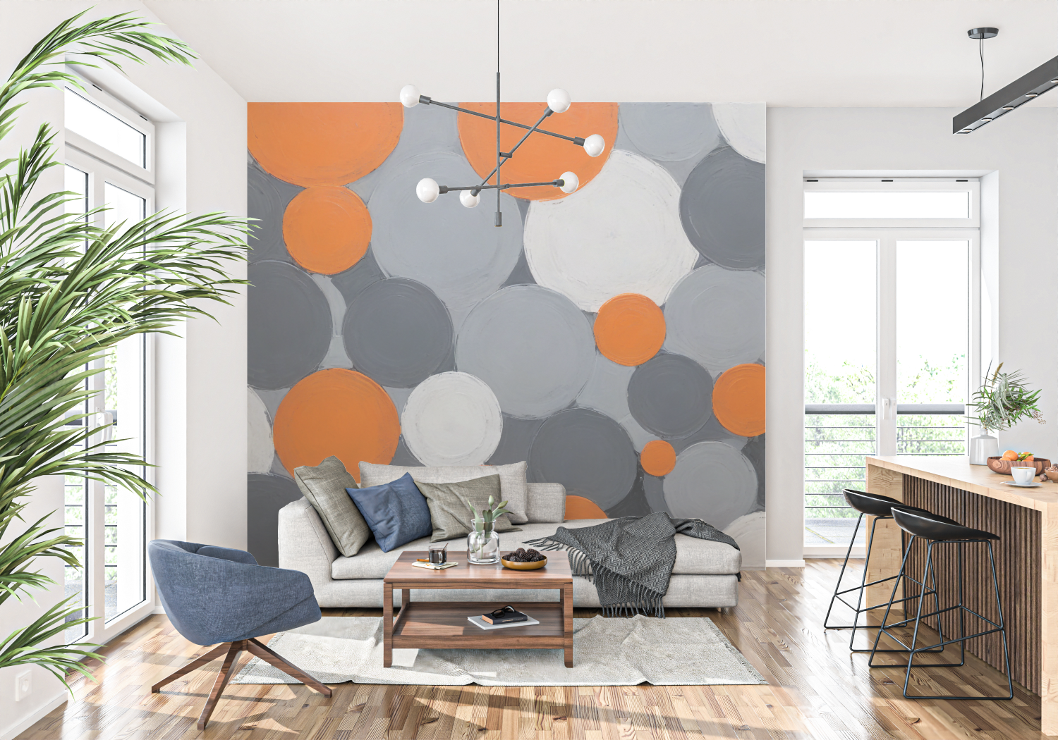 Runde Tapete in Grau und Orange | Wandtapete