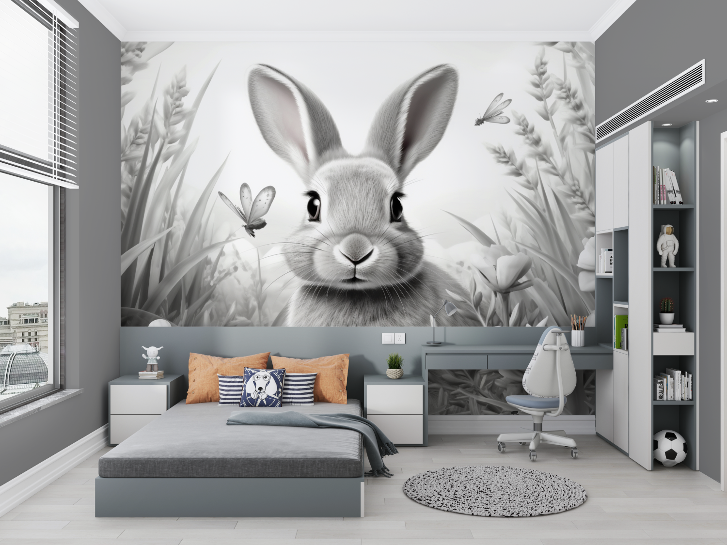 Mural Black and White Bunny Wallpaper for Kids