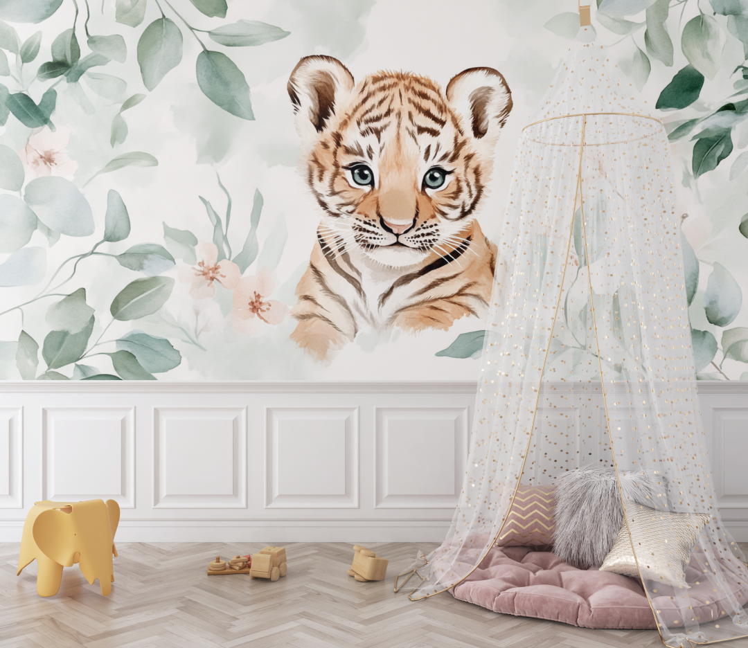 Tiger and Eucalyptus Leaves Wallpaper | Murals Wallpaper