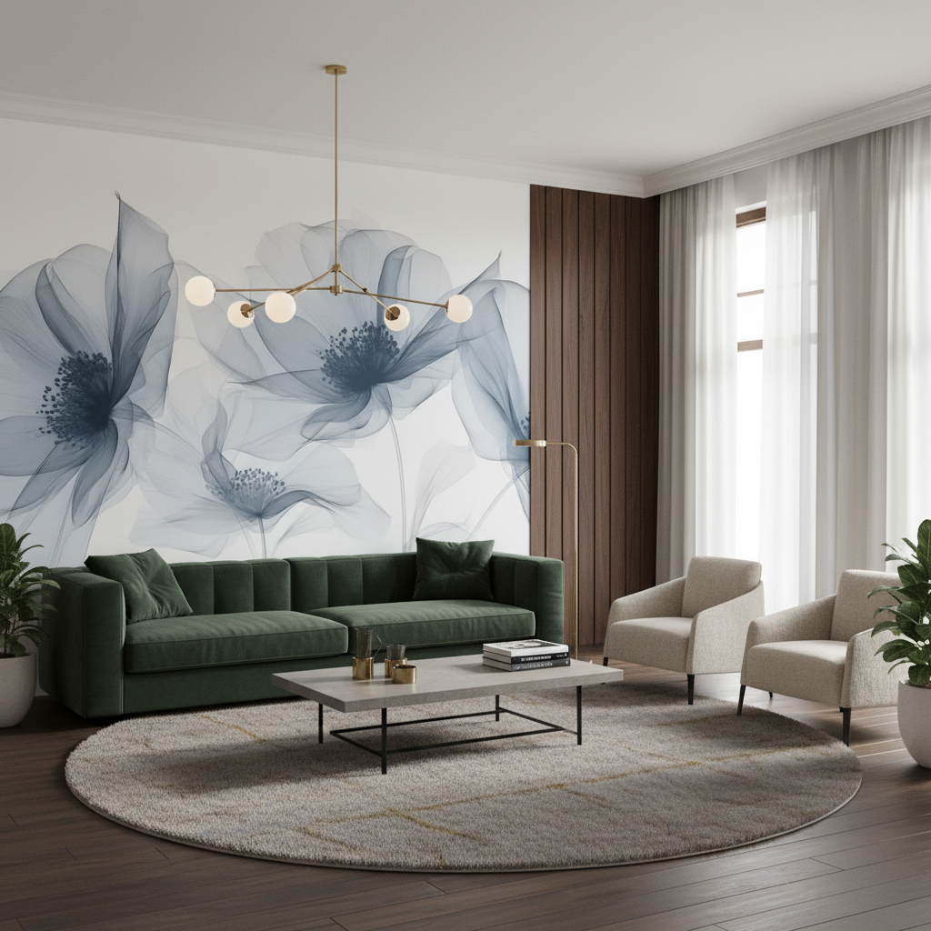 Blue Transparent Floral X-Ray Mural Wallpaper