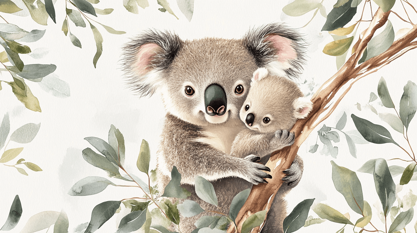 Koala Wallpaper Cuddled Up Against Its Mom | Murals Wallpaper